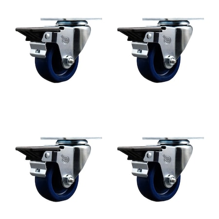 Service Caster 3'' Solid Poly Wheel Swivel Top Plate Caster Set Posi Brake, 4PK SCC-20S314-SPUS-PLB-4